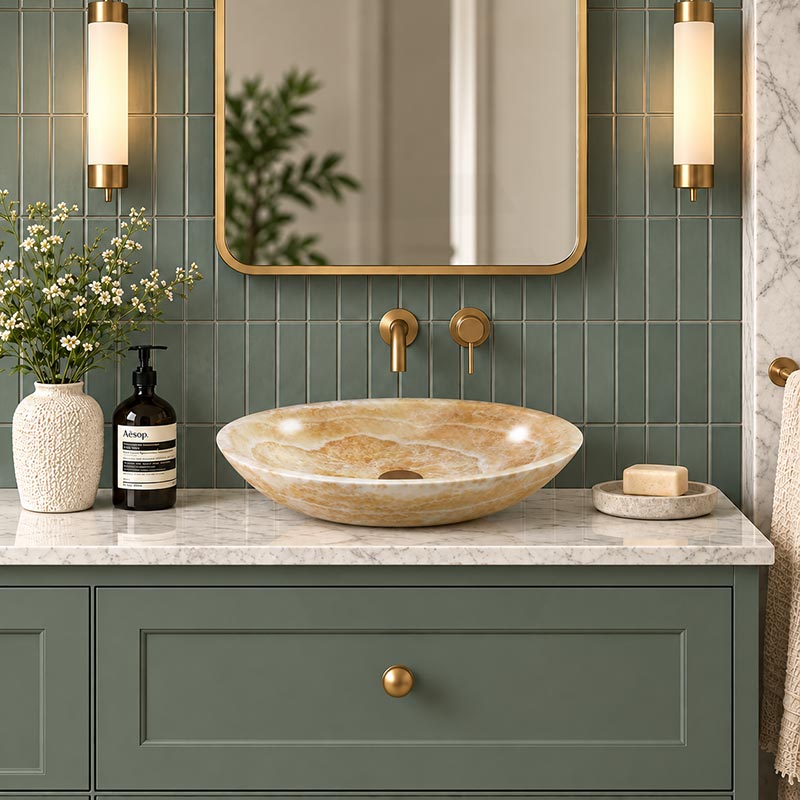 Above Counter Stone Basin Oval Shape Bathroom Wash Basin Antique Vintage 480x320x140mm - Yellow Onyx Surface