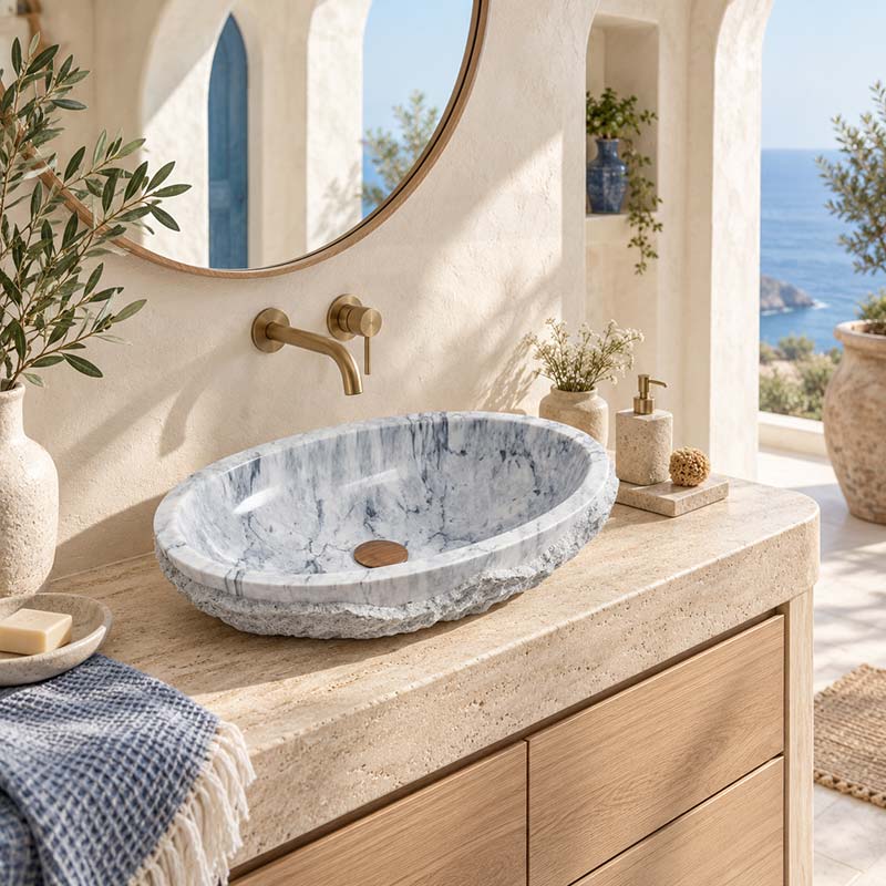 Above Counter Stone Basin Oval Marble Surface Bathroom Wash Basin Antique Vintage 550x350x130mm