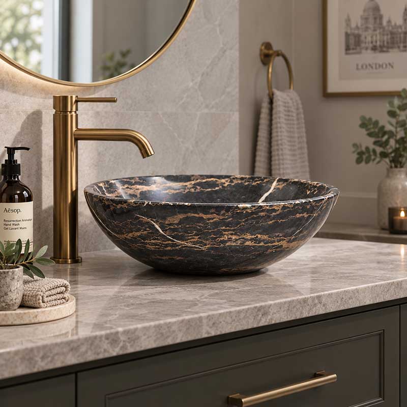 Antique Above Counter Basin Marble Surface Bathroom Round Stone Wash Basin 420x420x140mm