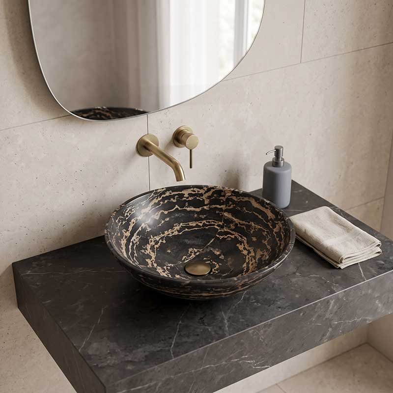 Antique Above Counter Basin Marble Surface Bathroom Round Stone Wash Basin 420x420x140mm
