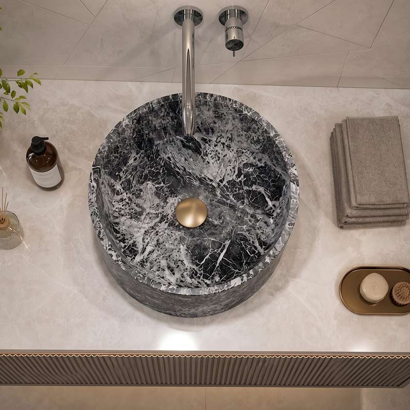 Above Counter Basin Marble Surface Antique Vintage Bathroom Round Stone Wash Basin 370x370x150mm