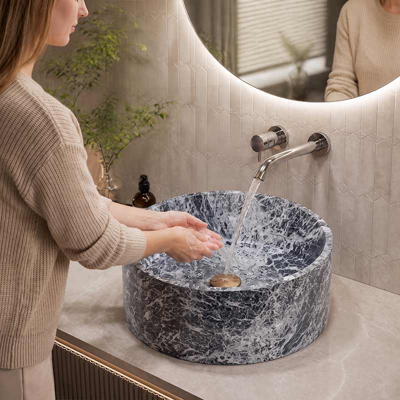 Above Counter Basin Marble Surface Antique Vintage Bathroom Round Stone Wash Basin 370x370x150mm