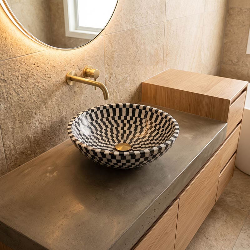 Above Counter Basin Bathroom Round Stone Wash Basin 420x420x140mm - Marble Mosaic Surface