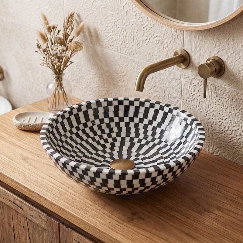 Above Counter Basin Bathroom Round Stone Wash Basin 420x420x140mm - Marble Mosaic Surface