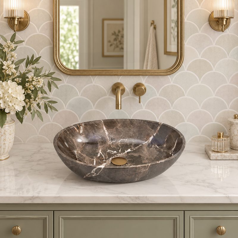 Oval Above Counter Stone Basin Antique Vintage Bathroom Wash Basin 510x380x150mm - Marble Surface
