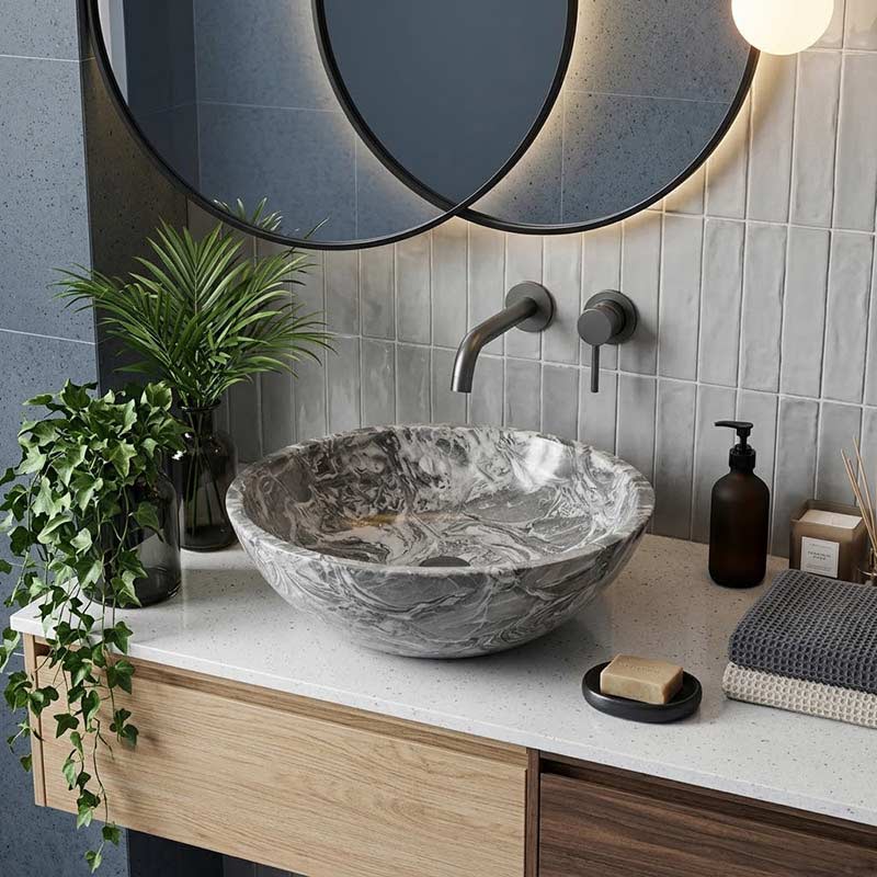 Round Above Counter Basin Marble Surface Stone Antique Wash Basin 420x420x140mm - Greyish Marble