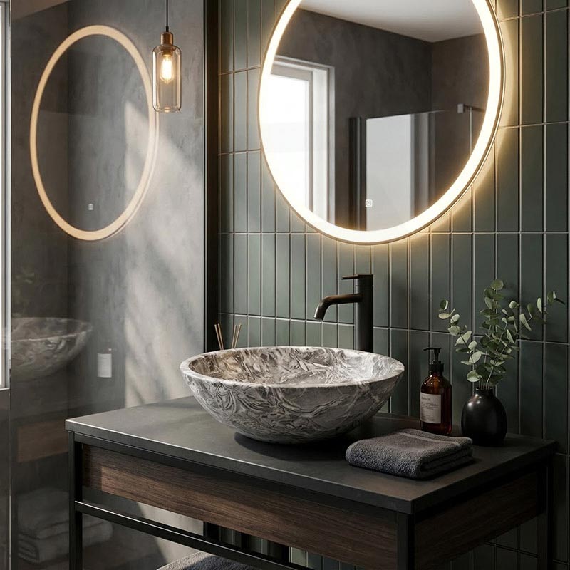 Round Above Counter Basin Marble Surface Stone Antique Wash Basin 420x420x140mm - Greyish Marble