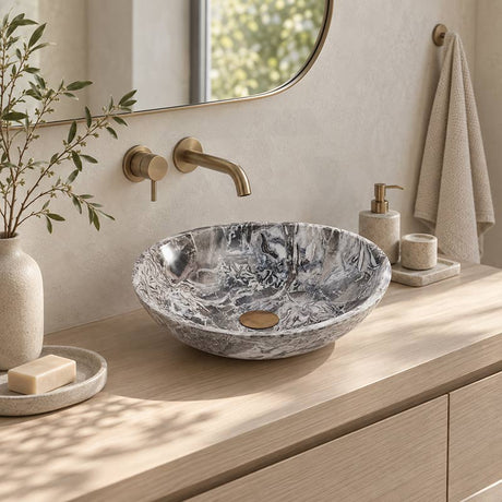 Round Above Counter Basin Marble Surface Stone Antique Wash Basin 420x420x140mm - Greyish Marble