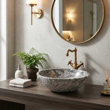 Round Above Counter Basin Marble Surface Stone Antique Wash Basin 420x420x140mm - Greyish Marble