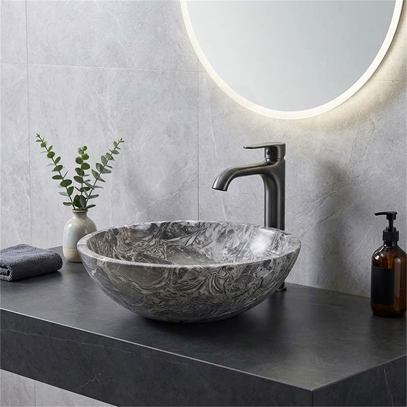 Round Above Counter Basin Marble Surface Stone Antique Wash Basin 420x420x140mm - Greyish Marble
