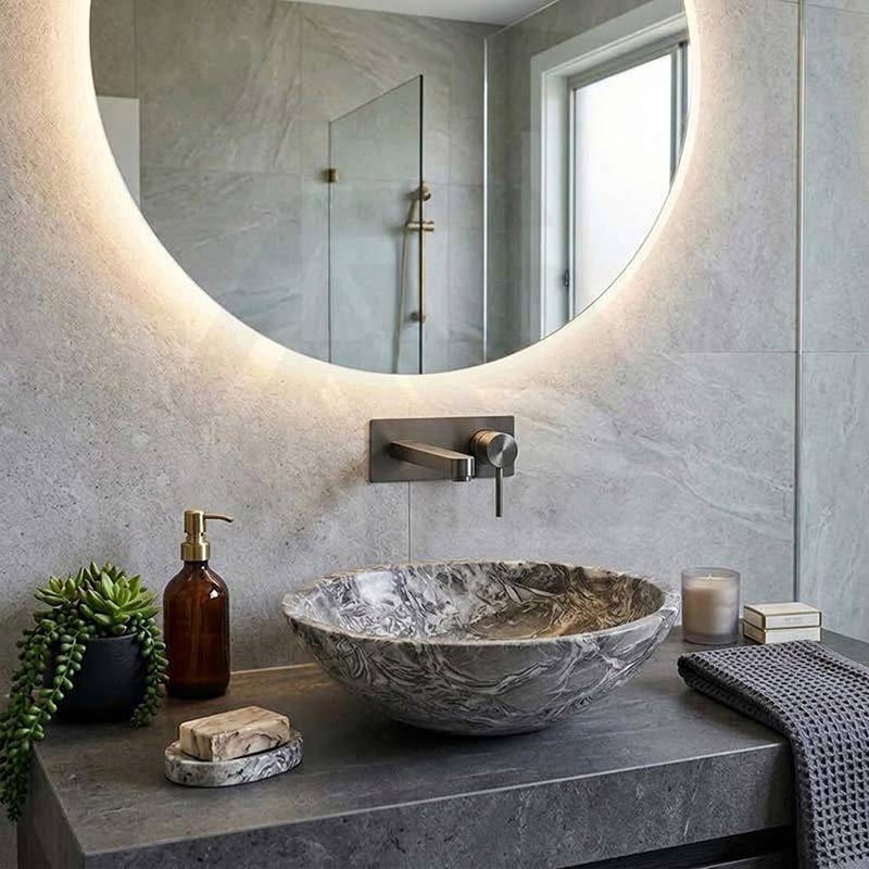 Round Above Counter Basin Marble Surface Stone Antique Wash Basin 420x420x140mm - Greyish Marble