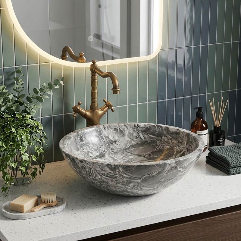 Round Above Counter Basin Marble Surface Stone Antique Wash Basin 420x420x140mm - Greyish Marble