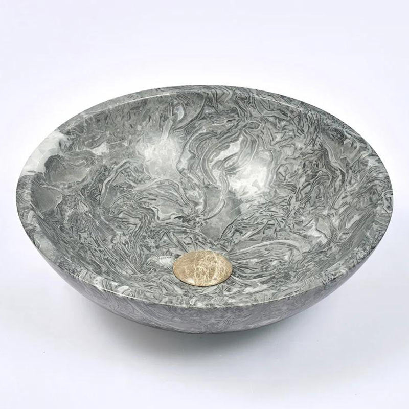 Round Above Counter Basin Marble Surface Stone Antique Wash Basin 420x420x140mm - Greyish Marble