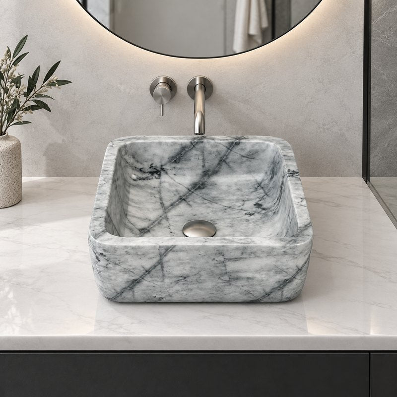 Square Above Counter Stone Basin 400x400x140mm - Marble Finish