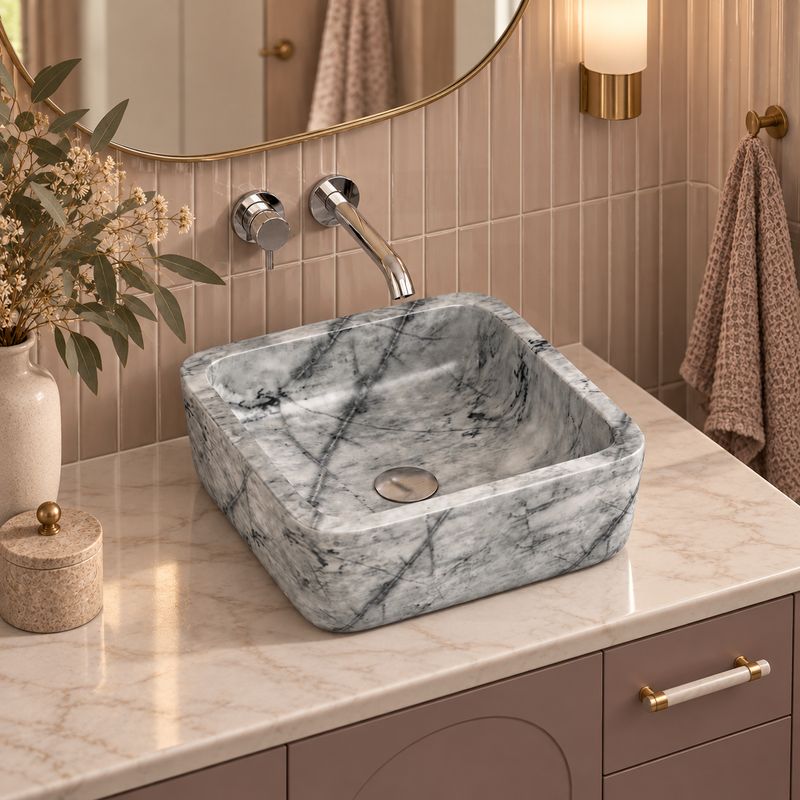 Square Above Counter Stone Basin 400x400x140mm - Marble Finish