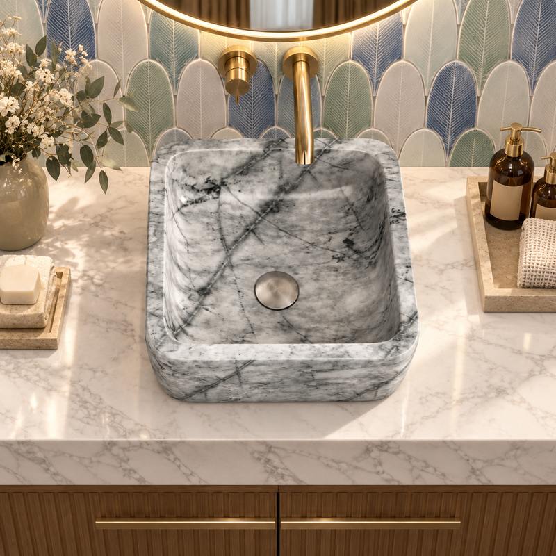 Square Above Counter Stone Basin 400x400x140mm - Marble Finish