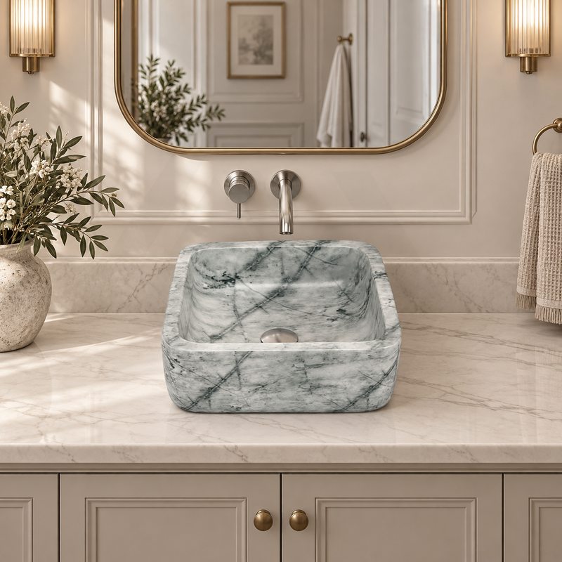 Square Above Counter Stone Basin 400x400x140mm - Marble Finish