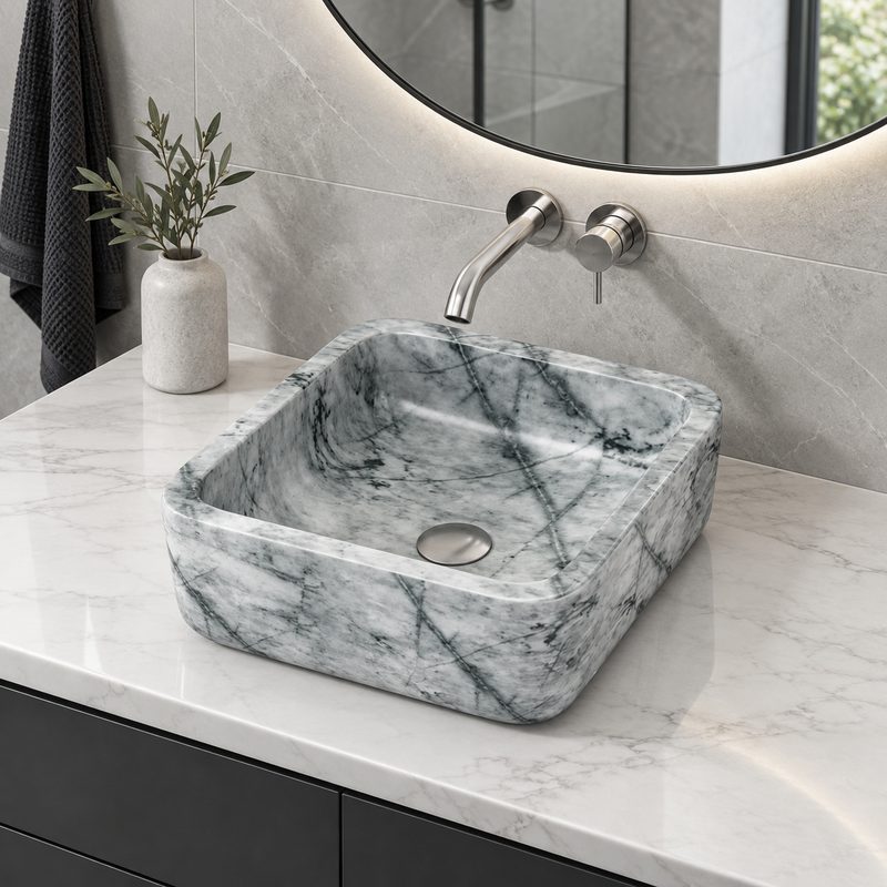 Square Above Counter Stone Basin 400x400x140mm - Marble Finish