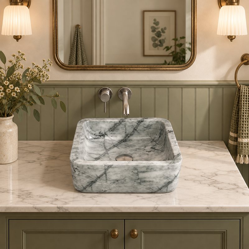 Square Above Counter Stone Basin 400x400x140mm - Marble Finish