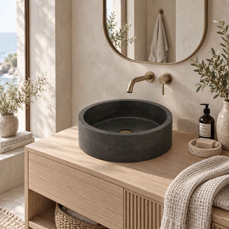 Round Above Counter Basin Nature Stone 400x400x120mm - Black Marble