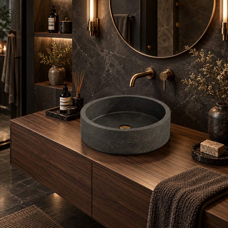 Round Above Counter Basin Nature Stone 400x400x120mm - Black Marble