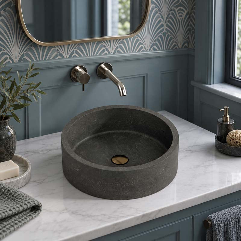 Round Above Counter Basin Nature Stone 400x400x120mm - Black Marble