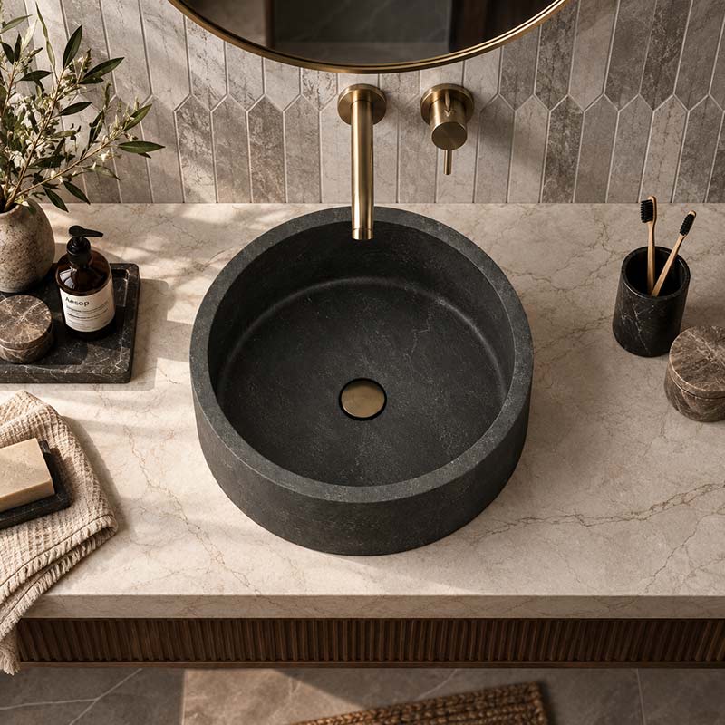Round Above Counter Basin Nature Stone 400x400x120mm - Black Marble