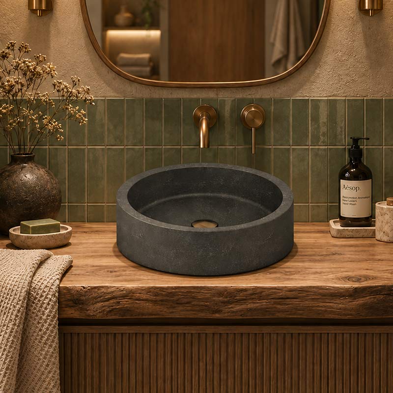 Round Above Counter Basin Nature Stone 400x400x120mm - Black Marble