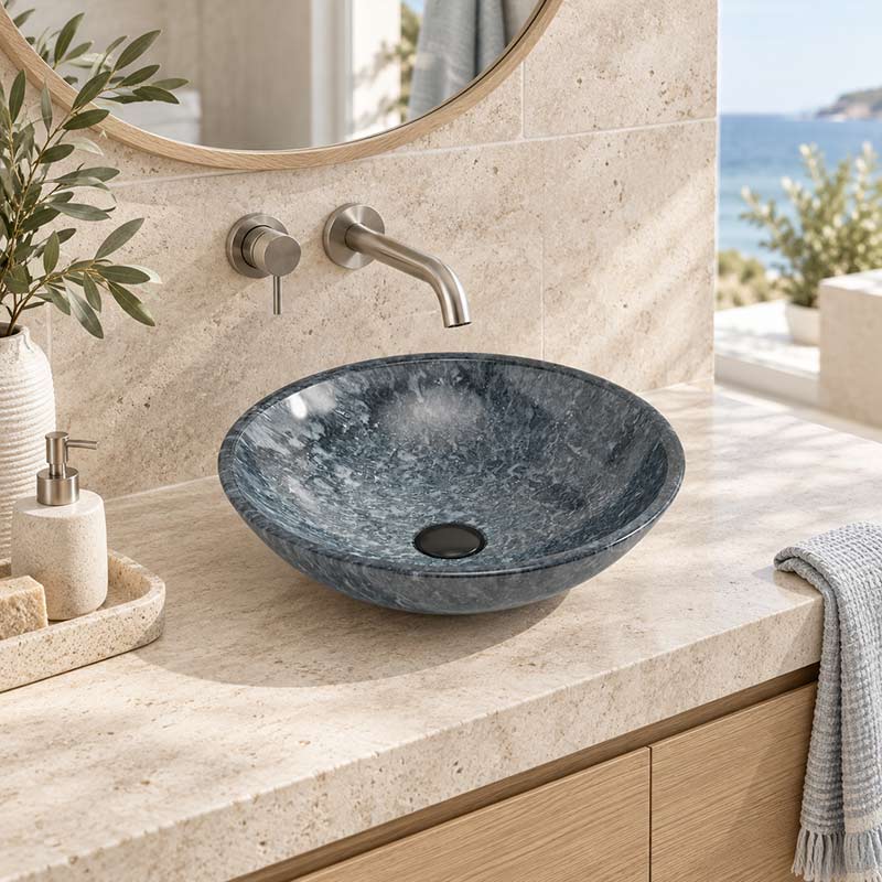 Round Above Counter Stone Basin 420x420x140mm - Marble Finish