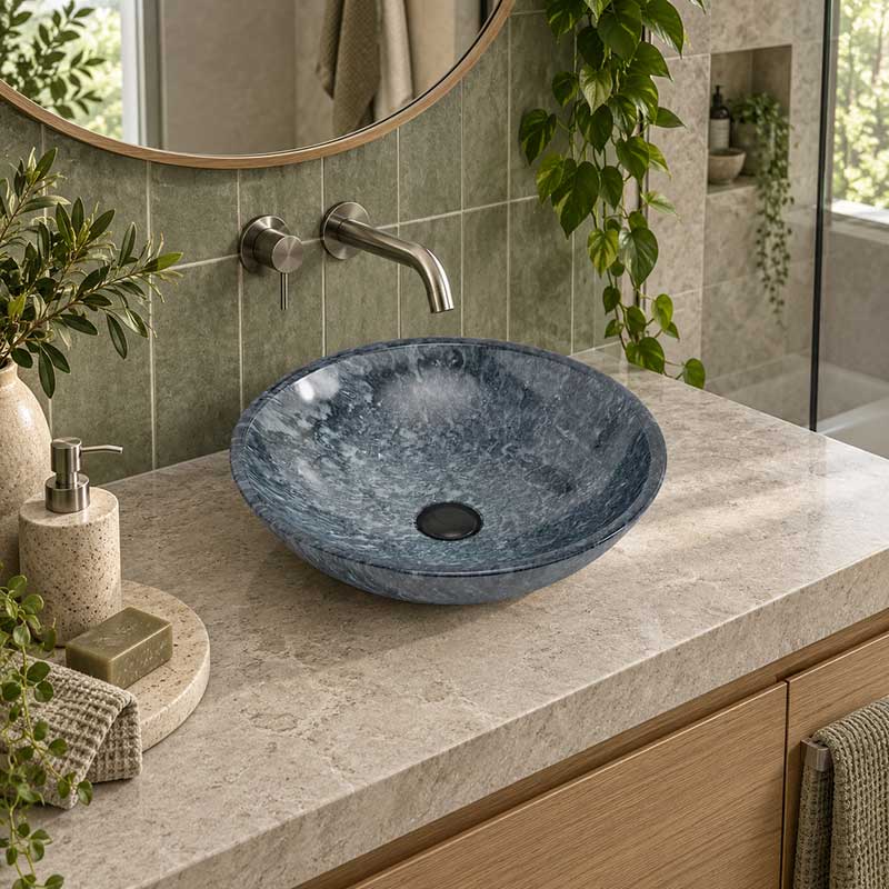 Round Above Counter Stone Basin 420x420x140mm - Marble Finish