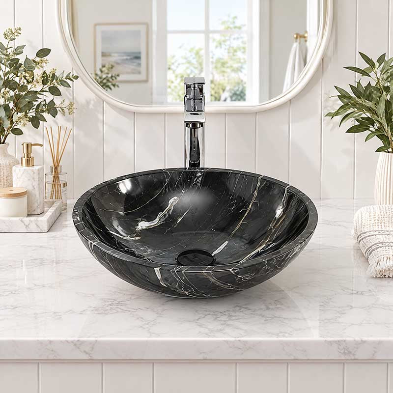 Marble Stone Wash Basin Nero Marquina Round 420x420x140mm - Gloss Black