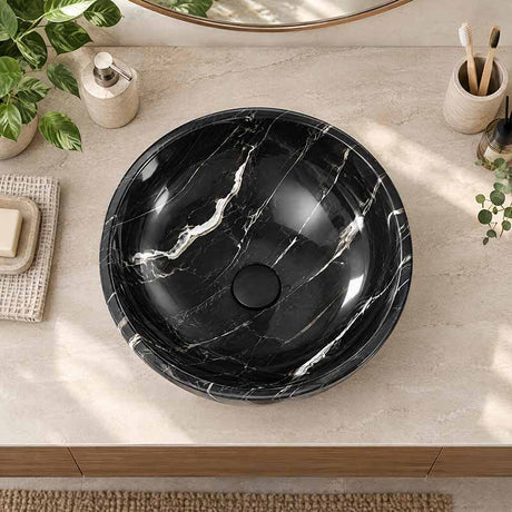 Marble Stone Wash Basin Nero Marquina Round 420x420x140mm - Gloss Black