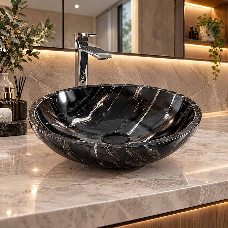 Marble Stone Wash Basin Nero Marquina Round 420x420x140mm - Gloss Black