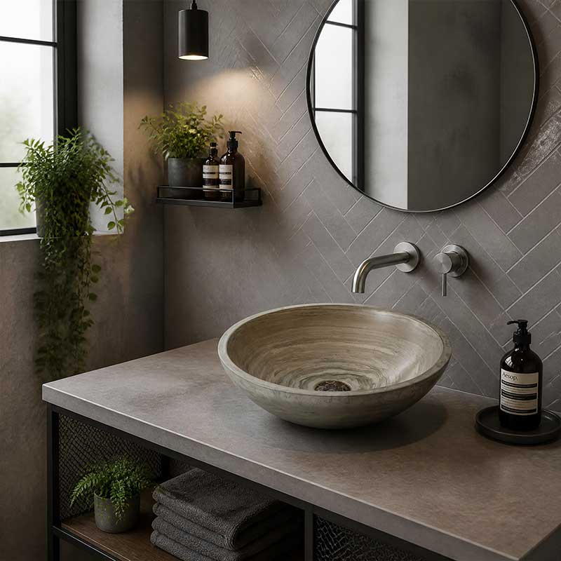 Marble Stone Round Wash Basin 420x420x140mm - Wooden Grey