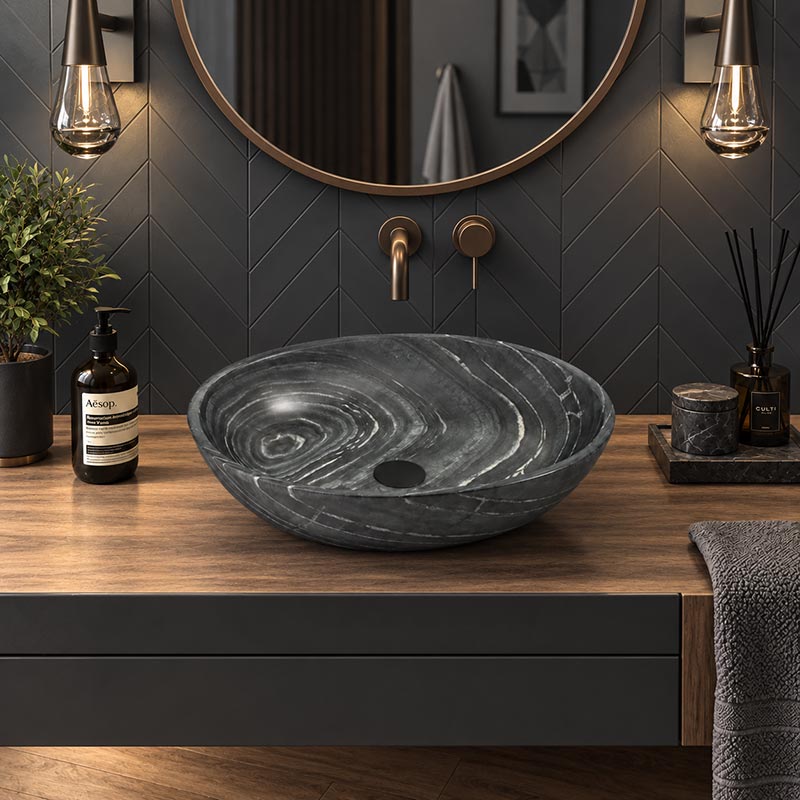 Oval Above Counter Marble Surface Stone Basin 510x380x150mm - Black Marble