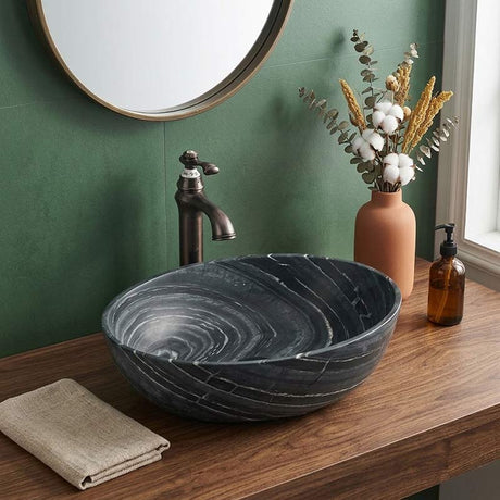 Oval Above Counter Marble Surface Stone Basin 510x380x150mm - Black Marble