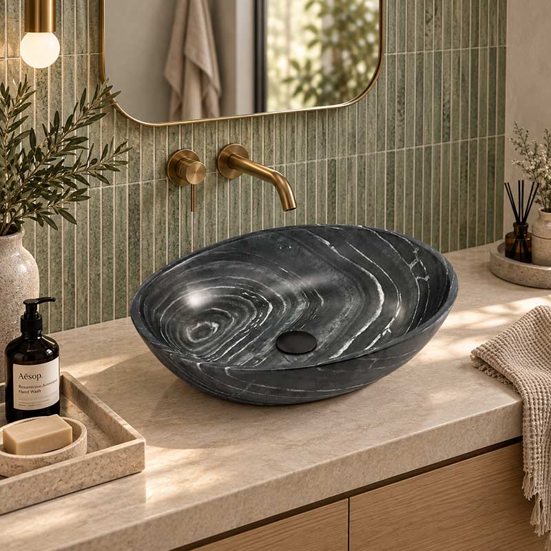 Oval Above Counter Marble Surface Stone Basin 510x380x150mm - Black Marble