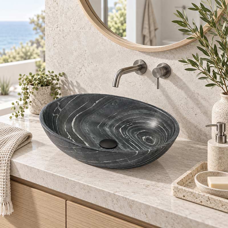 Oval Above Counter Marble Surface Stone Basin 510x380x150mm - Black Marble