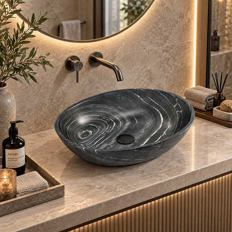 Oval Above Counter Marble Surface Stone Basin 510x380x150mm - Black Marble