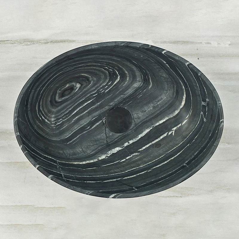 Oval Above Counter Marble Surface Stone Basin 510x380x150mm - Black Marble