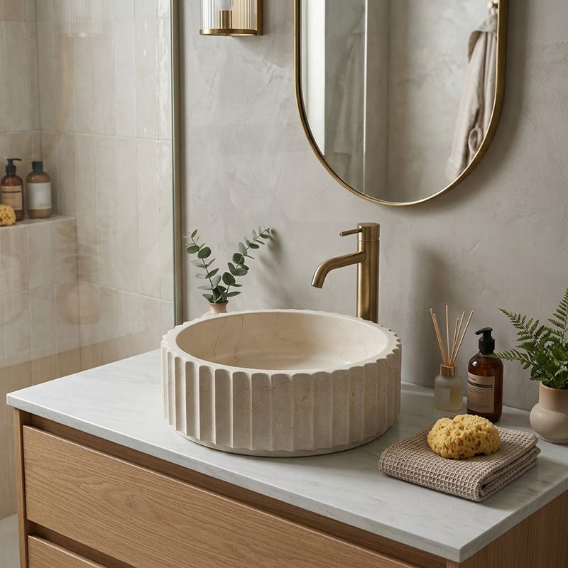 Infinity Fluted Round Above Counter Stone Basin 400x400x130mm - Beige Marble