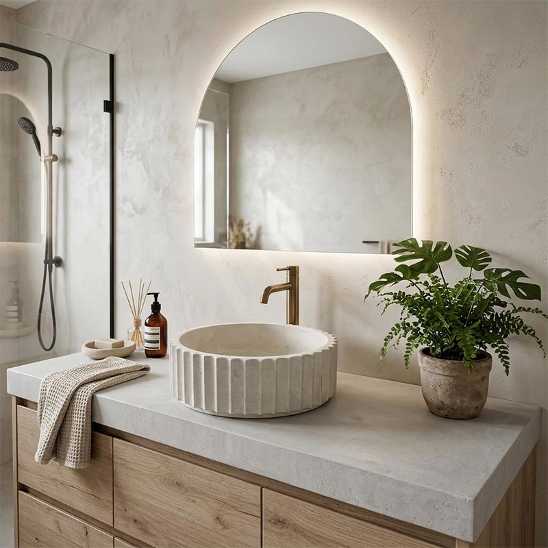 Infinity Fluted Round Above Counter Stone Basin 400x400x130mm - Beige Marble