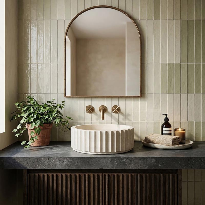 Infinity Fluted Round Above Counter Stone Basin 400x400x130mm - Beige Marble