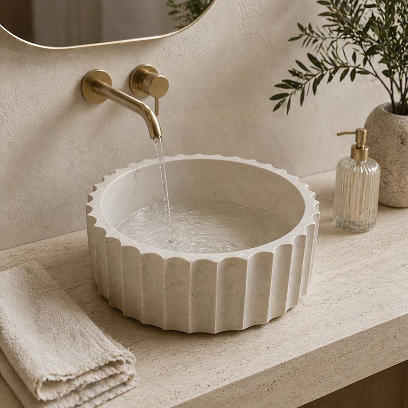Infinity Fluted Round Above Counter Stone Basin 400x400x130mm - Beige Marble