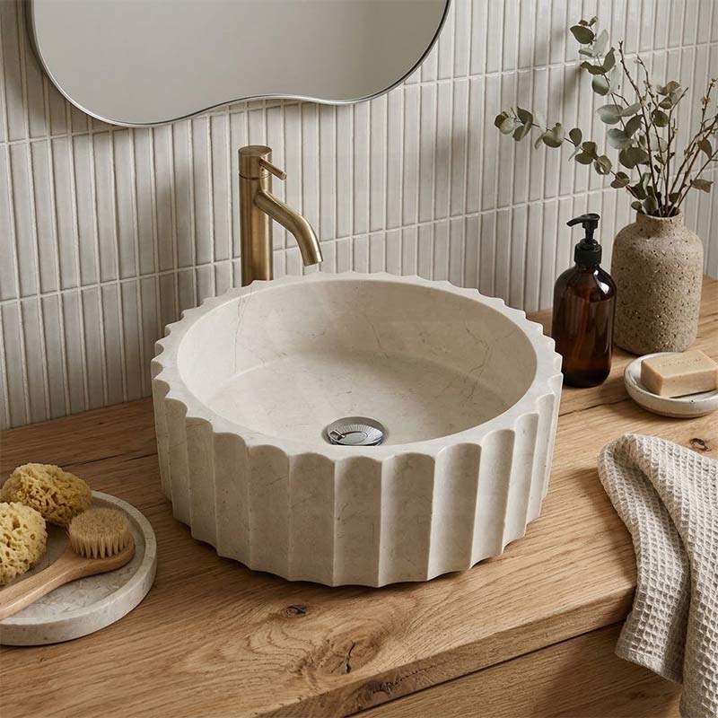 Infinity Fluted Round Above Counter Stone Basin 400x400x130mm - Beige Marble