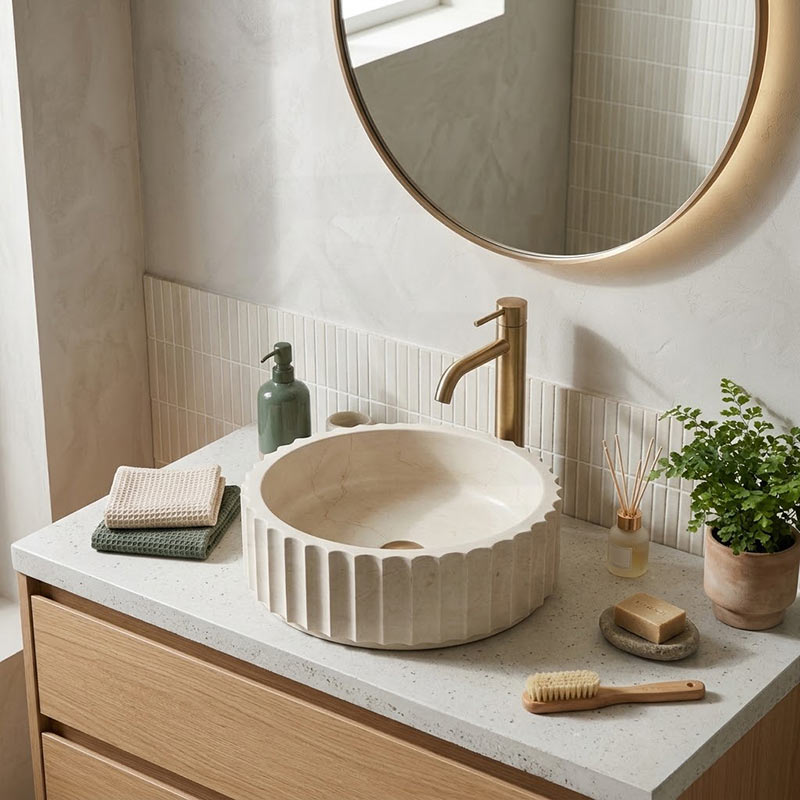 Infinity Fluted Round Above Counter Stone Basin 400x400x130mm - Beige Marble