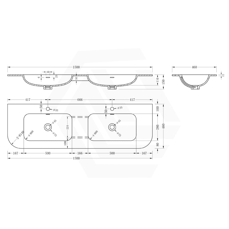 600/750/900/1200/1500mm Curved Edge Solid Surface Vanity Top with Overflow 12 O'clock Semi-Drilled or Drilled Tap Hole