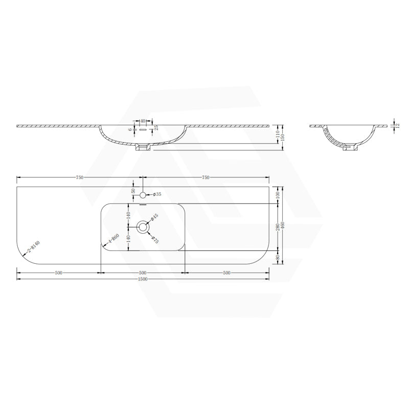 600/750/900/1200/1500mm Curved Edge Solid Surface Vanity Top with Overflow 12 O'clock Semi-Drilled or Drilled Tap Hole