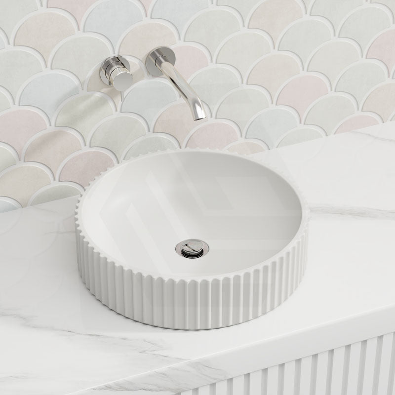 390x390x100mm Infinity Round Matt White Fluted Solid Surface Above Counter Basin