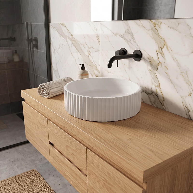 Infinity Round Fluted Solid Surface Above Counter Basin 390x390x100mm - Matt White